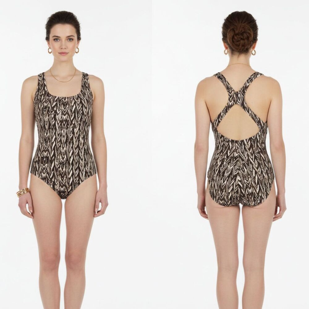 Speedo Brown & Tan Print Sporty 1 Piece Bathingsuit Swimsuit 8